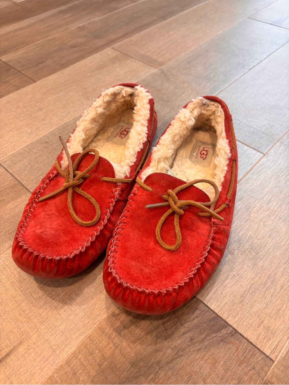 UGG Red Suede Moccasin Slippers with Tan Laces